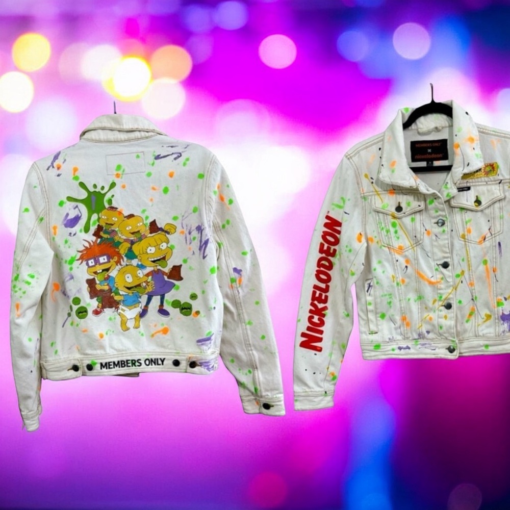 NICKELODEON Rugrats Reptar Bar White Jean Jacket Paint Splatter - Picture 2 of 11